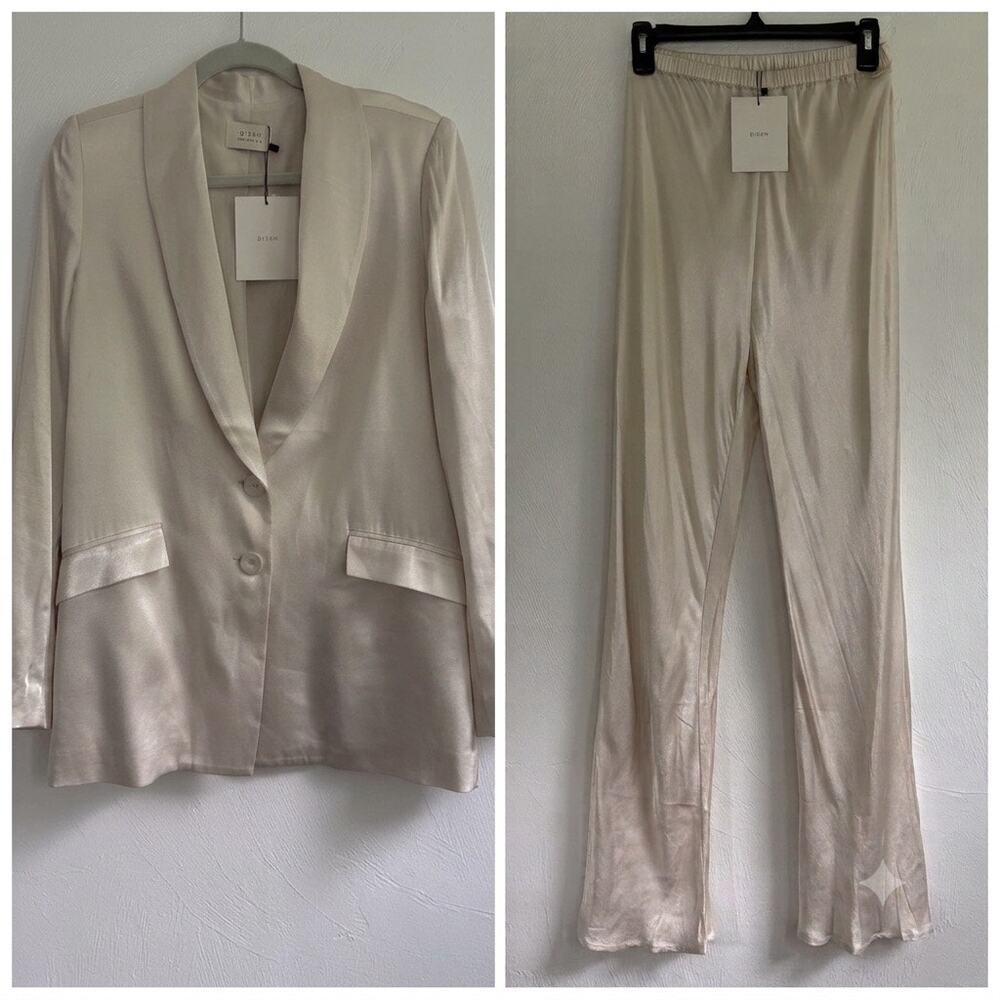 NWT DISSH Women’s Simone Pearl Satin Blazer & Pants Size 4/6 Ivory Suit Set - Picture 2 of 16